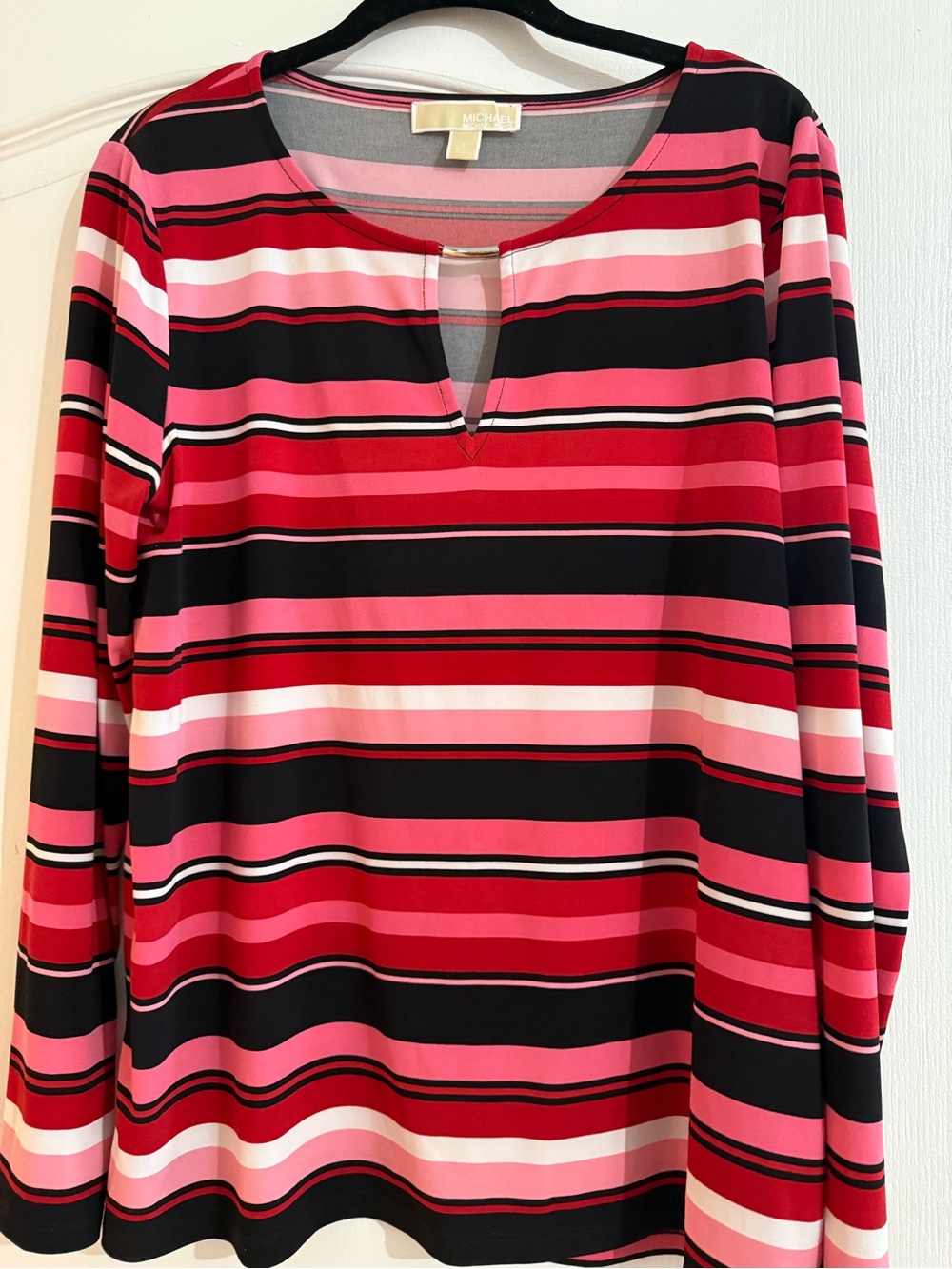 Michael Kors Pink and Black Striped Keyhole Long Sleeve Tee